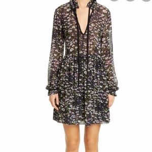 GANNI Bow Neck Floral-Print Georgette Mini Dress; Size 36